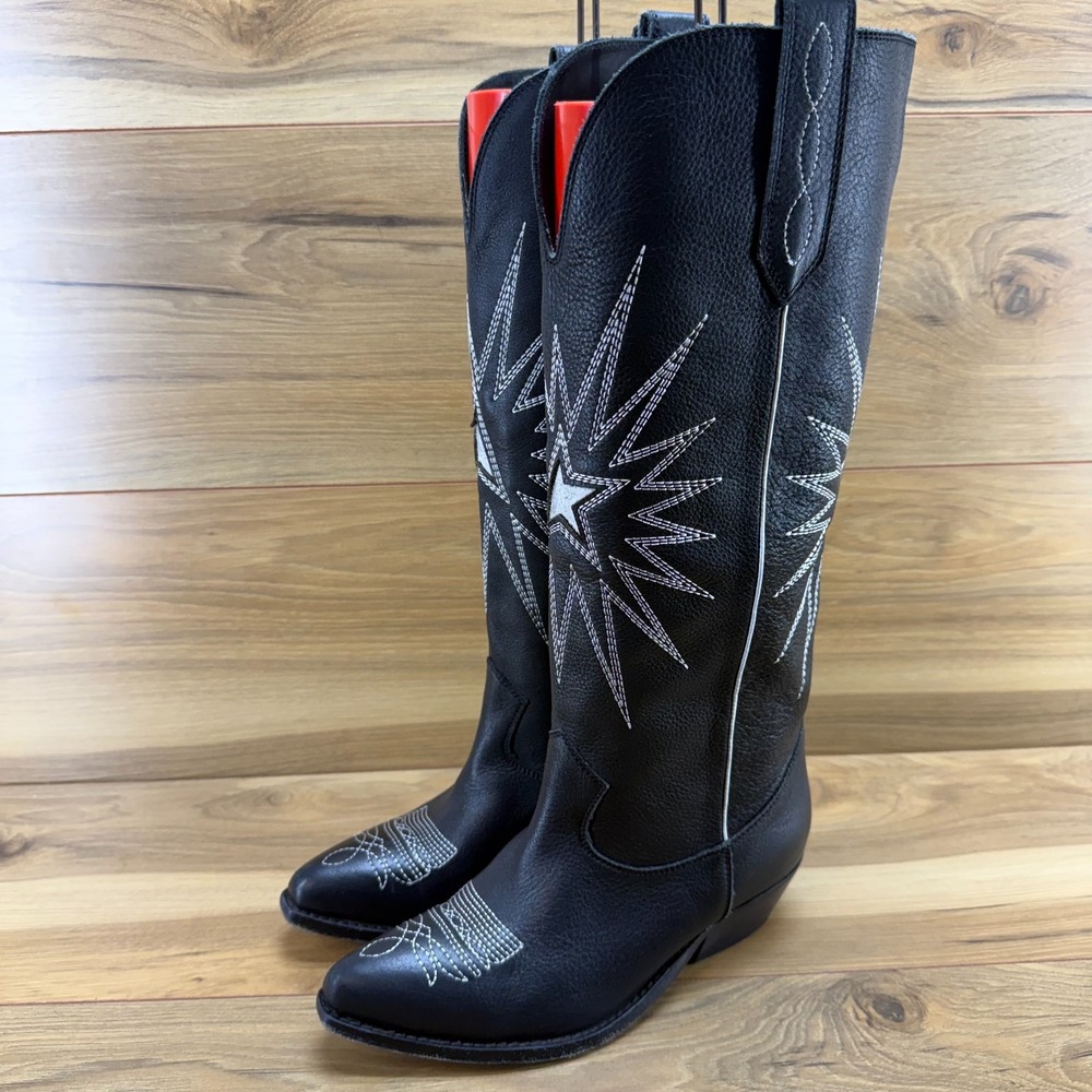 Golden Goose Wish Star Tall Western Boots 7.5 8 EU 38 Black Soft Leather Cowgirl